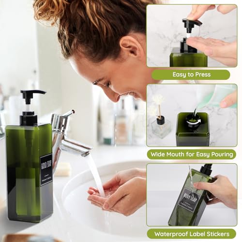 Segbeauty 33.8oz Square Shampoo and Conditioner Dispenser, 3pcs Large Capacity Plastic Soap Dispenser Bathroom, Green 1000ml Empty Lotion Pump Bottle Soap Hand Wash Bottles with Waterproof Labels - color: Green, style: 3pcs