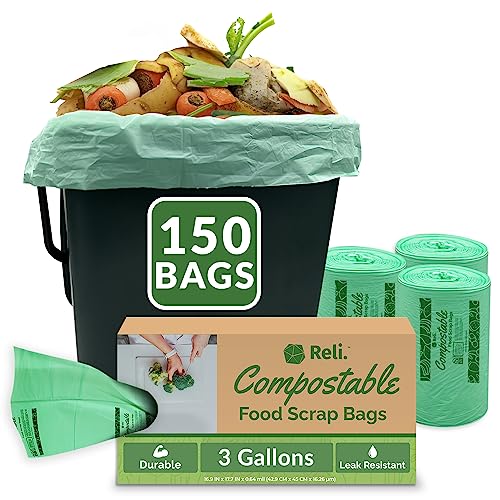Reli. Compost Bags 3 Gallon (150 Count) | ASTM D6400 Certified | Eco-Friendly Compostable Trash Bags | Food Scrap Liners for Kitchen Bins | Plant-Based Green - size: 1 Count (Pack of 150)