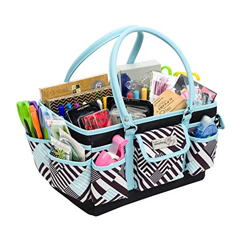 Everything Mary Teal Geometric Deluxe Store and Tote - Storage Organizer Bag for Crafts, Sewing, Paper, Art, Desk, Canvas, Supplies Storage Organization - Travel Art Box with Handle - color: Teal, size: Large
