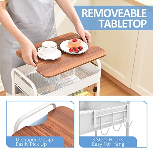 TOOLF 3-Tier Rolling Cart with Table Top, Metal Storage Cart on Wheels, Utility Organizer with Wooden Tray, Lockable Casters, Easy Assembly for Bathroom, Living Room, Office, Kitchen, White - color: White