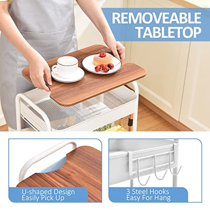 TOOLF 3-Tier Rolling Cart with Table Top, Metal Storage Cart on Wheels, Utility Organizer with Wooden Tray, Lockable Casters, Easy Assembly for Bathroom, Living Room, Office, Kitchen, White - color: White