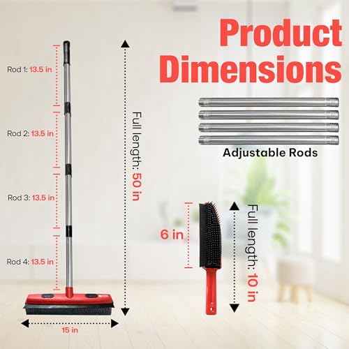 Hybrid Dog Pet Hair Removal Broom with Squeegee – Adjustable Handle Rubber Broom for Pet, Hardwood Floors, Tile, & Liquid-Dirt with 2 Portable Hair Brushes & Cloth