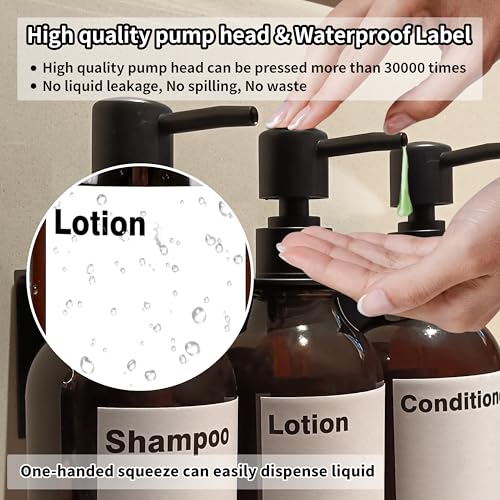 Shampoo Dispenser for Shower Wall, Shampoo and Conditioner Dispenser with 16 Waterproof Labels, Shower Dispenser 3 Chamber No Drill, Shower Soap Dispenser Wall Mounted for Bathroom, 17oz, Amber - color: 2-amber Bottle + Black Pump