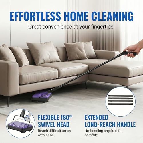 Manual Carpet Sweeper, Electric-Free Quiet Floor Sweeper with 300ml Easy-Empty Dustbin, 6.7” Cleaning Width for Pet Hair, Crumbs, Dust on Carpets, Hardwood, Tile - Home & Office Use (Purple) - color: Purple