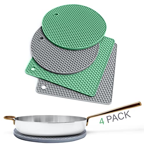 Silicone Trivets for Hot Dishes, Pots, Pans (4 Pack) - Heat-Resistant Pot Holders for Kitchen Countertop Mats - Silicone Trivet Mat - Multipurpose Counter Pads - color: (2 Pcs Round 7 Inch + 2 Pcs Square 7.3 Inch - Green/Grey)