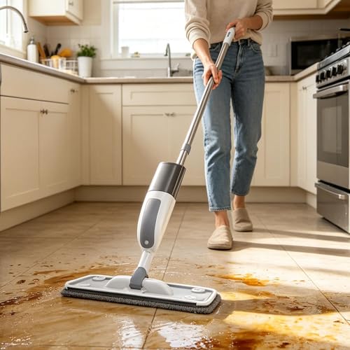 Spray Mop - Dry Wet Duster with Washable Pad, Flat Floor Cleaning Mop System, Water Spray Cleaner Tool, Reusable Pad Sweeping Device | for Kitchen Home Tile Laminate Apartment Bathroom