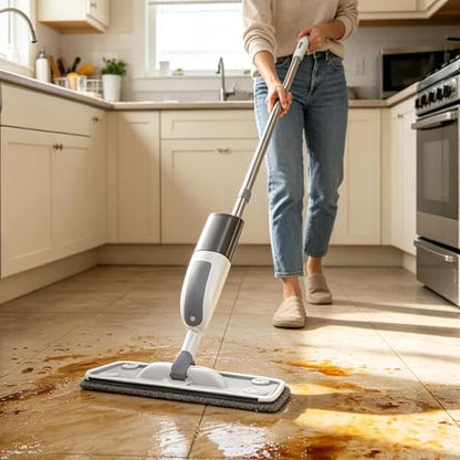 Spray Mop - Dry Wet Duster with Washable Pad, Flat Floor Cleaning Mop System, Water Spray Cleaner Tool, Reusable Pad Sweeping Device | for Kitchen Home Tile Laminate Apartment Bathroom