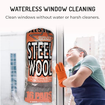 Hi-Tech 000 Extra Fine Steel Wool Pads (16 Pack) – Ultra-Fine Scratch-Free Surface Prep, Waterless Window Cleaning, Polishing, Finishing & Woodworking Abrasive