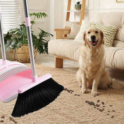 Pink Broom and Dustpan Set for Home, 52-in Long Handle Broom with Dustpan Combo with Dustpan Teeth Easy to Scrape Off Pet Hair, Indoor&Outdoor Sweeping（Pink） - color: Pink&grey