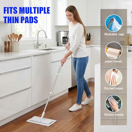 New Hands Free Multi Purpose Flat Mop with 10 Reusable Cloths | Convenient Cloth Changing, Compatible with Swiffer Pads, Hardwood Tile Marble Lightly Floor Cleaning, 52in Handle - size: 52 in large dust mop with 10 cloths