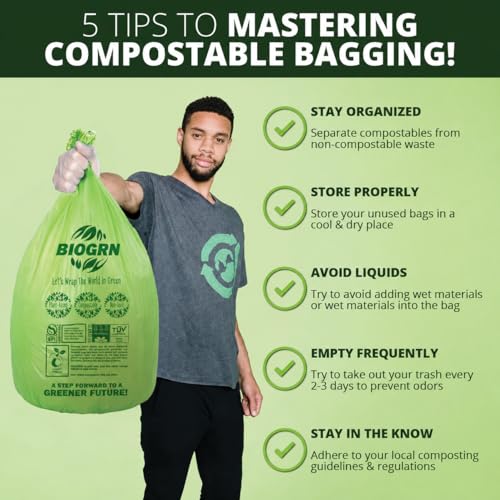 10-13 Gallon Compostable Trash Bags with Flat-Top 50 Bags Thick 0.87 Mil Leakproof Plant-based Tall Kitchen Wet Food Scrap Waste, ASTM D6400, US BPI and OK Compost Home Certified - color: 13 Gal, Flat Top Bags, 50 Count