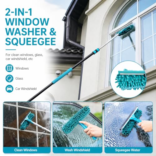 High Ceiling Duster Kit with 5-24FT Heavy Duty Extension Pole, Reaches Up to 30FT, Includes Microfiber Feather Duster, Cobweb and Ceiling Fan Duster, Window Squeegee Cleaner & Skylight Hook (24FT) - size: 24FT