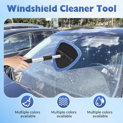 Car Windshield Cleaning Tool, Microfiber Wand Window Cleaner Kit for Auto Glass, 2026 Upgraded Car Window Cleaner with Reusable Washable Pads, Interior Exterior Glass Scrubbing Wand (Green - Square) - color: Green - Square