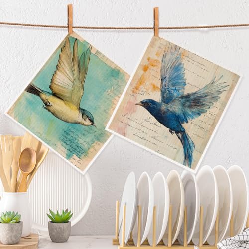 2 Pcs Vintage Bird Artistic Prints Swedish Dishcloths for Kitchen, Absorbent Reusable Paper Towels, Retro Geometry Kitchen Towels for Bathroom Home, Gifts for Bird Lovers Women Mom Men 1 - color: Sz 0775