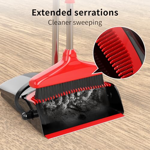 Broom with Dustpan Combo Set 54" Long Handle Adjustable Length Stainless Steel Broomstick Standing Dust Pan and Broom Set for Office Home Kitchen Lobby Floor Cleaning (Red and Black) - color: Black and Red