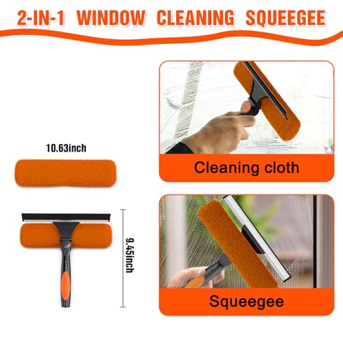Window Squeegee Kit with Extension Pole, 2-in-1 Professional Washer for High Windows, 3-12FT Adjustable Reach, Rotatable Head for Indoor & Outdoor Use, Streak-Free Cleaning Tool for Home