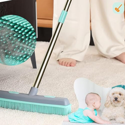 Pet Carpet Hair Rubber Broom with 49inch Long Handle, Portable Detailing Lint Remover, Soft Push Broom for Fluff Carpet, Hardwood, Tile, Window - color: Green