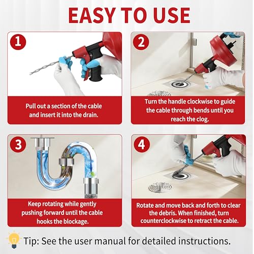 Drain Snake 50 Ft with Drill Attachment, Auto Feed 1/4 Inch Plumbing Snake for Sink, Shower & Tub Clogs, Manual or Drill-Powered Drain Auger, with Gloves, Safety Glasses & Storage Bag - color: 50FT