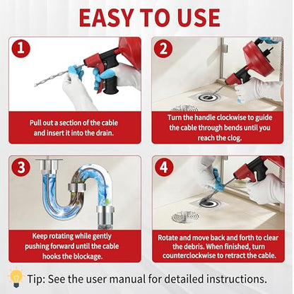 Drain Snake 35 Ft with Drill Attachment, Auto Feed 1/4 Inch Plumbing Snake for Sink, Shower & Tub Clogs, Manual or Drill-Powered Drain Auger, with Gloves, Safety Glasses & Storage Bag - color: 35FT