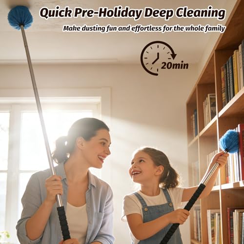 Cobweb Duster Brush with Extension Pole,Lightweight 5ft Long Spider Web Cobwebs Ceiling Fan Dust Cleaning Brush Kit with Washable Head for Furniture, Eaves, VentRoof House Cleaning up to 14ft - size: 8FT