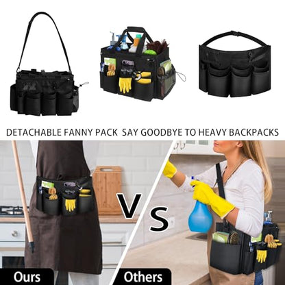 Large Cleaning Caddy Tote with Removable Divider, Heavy-Duty Wearable Apron Organizer with Pockets for Housekeeping, Cleaning Supplies, Tools (Black) - color: Black