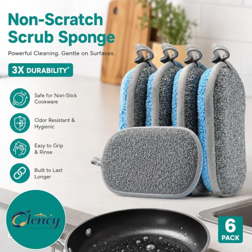 Clency Non-Scratch Kitchen Sponges, 6 Pack Dual-Sided Dish Sponges for Washing Dishes, Safe for Nonstick Cookware, Reusable Scrubber Cleaning Set with 2 Silicone Cleaning Gloves