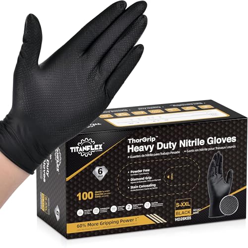 TitanFlex Heavy Duty Black Industrial Nitrile Gloves with Raised Diamond Texture, Latex Free (6mil/8mil) - color: 04 6mil (100ct), size: XX-Large