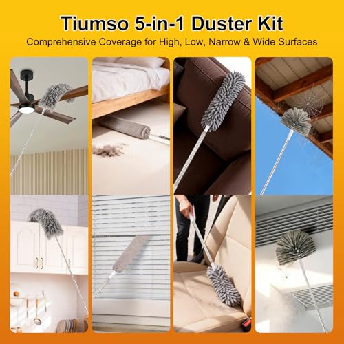 Tiumso Microfiber Feather Duster 5-in-1 Kit, Dusters for Cleaning, Duster with Extension Pole 100 Inches, Cobweb Duster, Microfiber Dusters for High Ceilings and Fans, Blinds, Cars and Furniture - color: A Gray