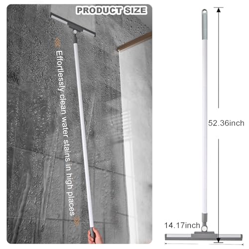 Floor Squeegee Broom - 52" Long Handle Rubber Scrubber for Bathroom, Tile, Shower, Glass, Pet Hair, Hardwood Floor - Adjustable Long Handle, Water Wiper with Replacement Blade (White) - color: White