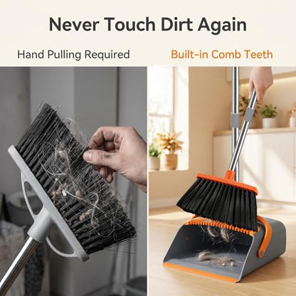 Broom with Standing Dustpan Combo Set, 52" Long Handle Self-Cleaning Teeth, 5-Row Stiff Bristles Angled Head, TPR Rubber Lip for Kitchen Pet Hair Sweeping Indoor Outdoor - color: Broom Dustpan Set