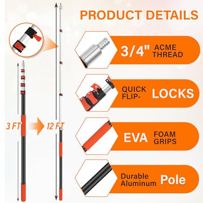 20FT High Reach Duster with Extension Pole 3-12FT, 4-in-1 Cleaning Kit with Universal Swivel Joint, High Ceiling Fan Cleaner Duster, Cobweb Duster, Microfiber Feather Duster and Window Squeegee - size: 12FT Pole