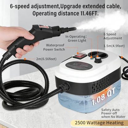 Mixoo Steam Cleaner, 6-Level Adjustable Handle, 15s Heat-Up, 1.08 Quarts Tank, Portable Steamer for Cleaning with 8 pcs Accessories for Home Dirt, Grease, Grout, Tile,Floor, Car (White Black, 1200ML)