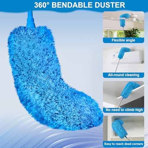 JEHONN Duster with Extension Pole 100 inches for Cleaning High Ceiling Fan, Extendable Long Handle Microfiber Feather Dust Remover, Telescoping Dusting Tool for AC Vent Cobweb House Exterior Interior