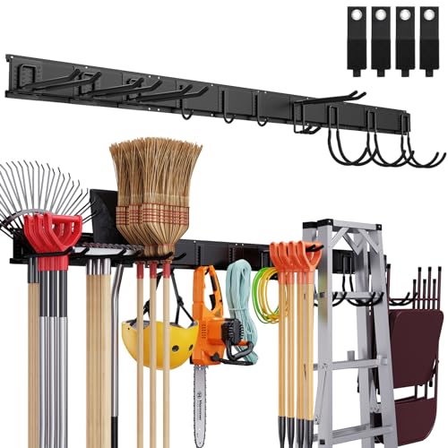 Tool Storage Rack Wall Mount, 64 Inch Adjustable Garden Tool Organizer, Heavy Duty Garage Wall Organizer Rack, Yard Tool Organizer System for Rake Shovel Broom Mop Wall Holder
