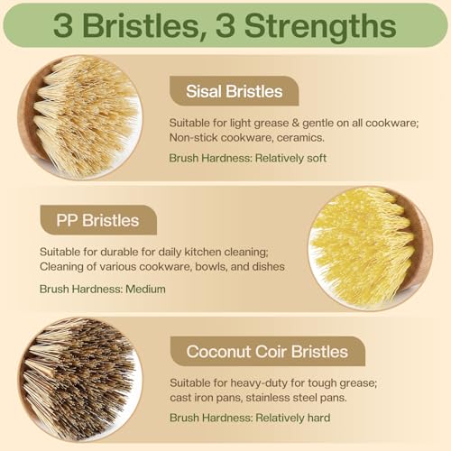 Wooden Dish Brush with Metal Stand Handheld Bamboo Wok Brush Scrubber for Dishes Pans Pots Fruit and Veggie Washing(3,Beige Brown Yellow) - color: Beige Brown Yellow
