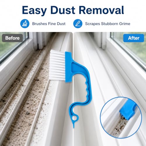 Window Track Cleaning Brush, Handheld Groove Cleaner Tool for Sliding Door and Window Sill, Ergonomic Handle Magic Dust Remover, Multipurpose Crevice Brush for Home Use, Blue