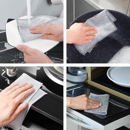 Silver Wire rag,10 Pcs New Upgrade 2-Layer Metal Dish Cloth, Non Scratch Wire Dishcloth,Multipurpose Wire Dishwashing Rags, Wet & Dry for Cookware, Sinks, Dishes, Stoves & Fireplaces, 9.84 x9.84 Inch