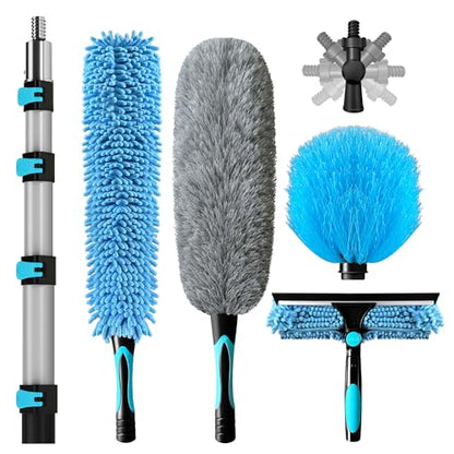 COVERONICS 25FT High Duster Cleaning Tools with 5-20FT Extension Poles - Reusable Fan Duster Cleaning Kits with Ceiling Fan Cleaner Duster, Window Squeegee, Microfiber Feather Duster & Cobweb Duster - size: 24FT