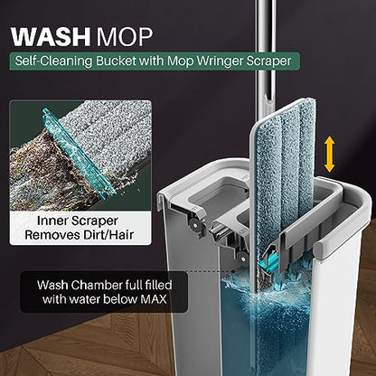 JOYMOOP Flat Mop System with Wringer Bucket, White, Microfiber Floor Cleaning Set for Wet and Dry Use, 60" Handle with 3 Reusable Pads - size: Middle Bucket #13 + 60" Flat Mop + 3 Pads