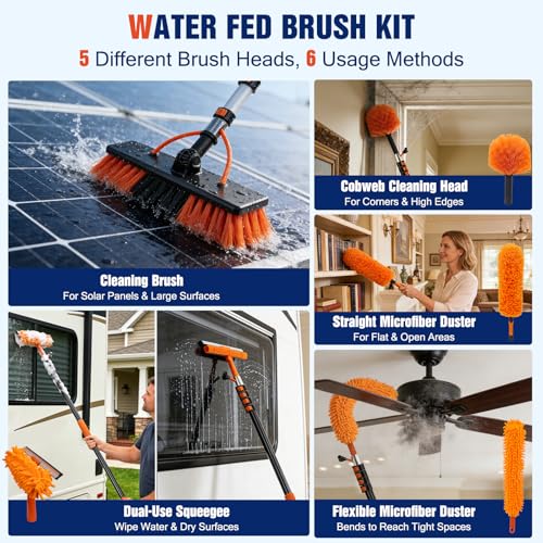 Up to 24FT Reach Water Fed Pole Window Cleaning Kit, 18FT Telescopic Extension Pole with 180° Rotating Brush & Built-in Soap Dispenser for Solar Panels, Windows, RVs, Gutters & Exterior Walls