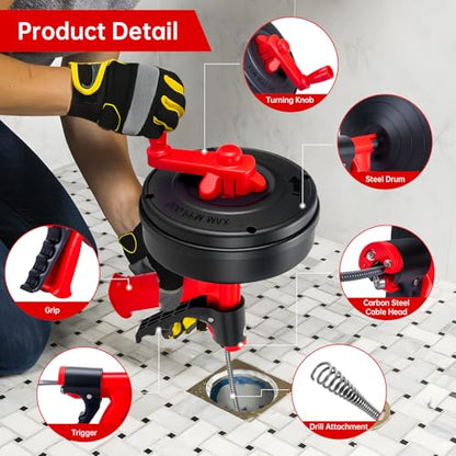 Drain Snake Hair Drain Clog Remover,SEVVETROOL Plumbing Drain Auger Snake Drill Attachment Toilet Snake Auger for Bathroom Kitchen Tub Shower Drain Clog Remover with Gloves(33ft/10M)