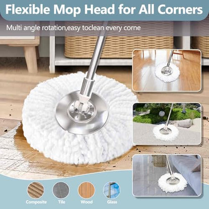 Replaceable Handle for Rotating mop, 360° Rotation Adjustment,Wet Dusting Mop, Includes 3 Microfiber Mop Replacement Heads, Suitable for Floors, Walls, Outdoor Areas, and Various Home Scenarios