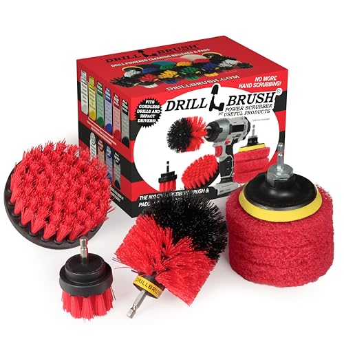 Drillbrush - Drill Brush Kit - Rotary Drill Brush Cordless Scrubber - Deck Scrub Brush - Scrub Brush Kit - Concrete Cleaner Brush - Marble Brush - Brick Cleaner - Stone Cleaning - Ceramic Tile Cleaner - color: Red