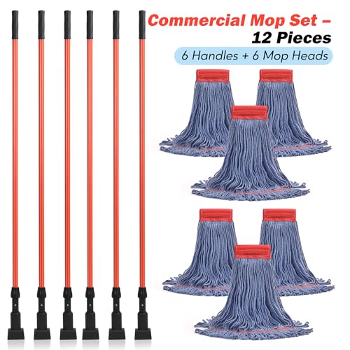 Mop with Strings Industrial Commercial Grade, 60 inch Heavy Duty One-Piece Fiberglass Handle, No Loosening, Built to Last, Reinforced Head Connection, Professional Cotton Mop for Janitorial, Garage