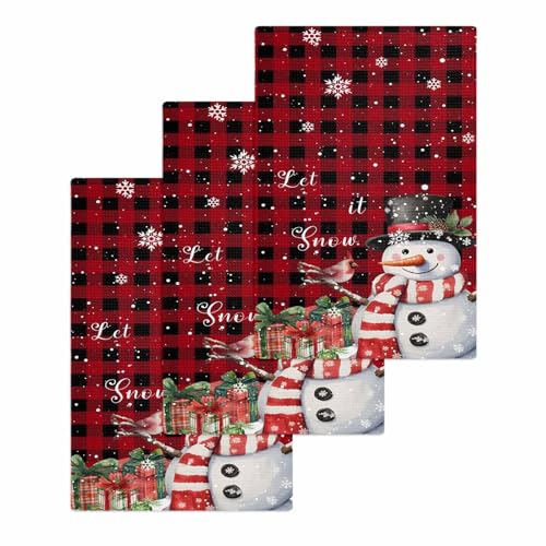 Buffalo Christmas Hand Towels Set, Waffle Weave Kitchen Towels 3 Pieces, Red Snowman Snowflake Microfiber Hair Face Bath Tea Towel Absorbent Quick Drying Cleaning Dish Cloths, 15.7"x23.6" - color: Red Black, size: 3PCS,15.7"x23.6"