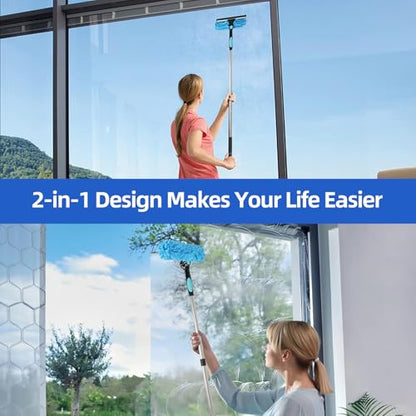 65'' Window Washing Kit with Extension Pole, 2-in-1 Window Cleaning Kit with Scrubber and Rotating Head, Window Cleaner Tool for Shower Rooms, Glass, Floors, Tiles, Walls, Car Windshields - size: 65''