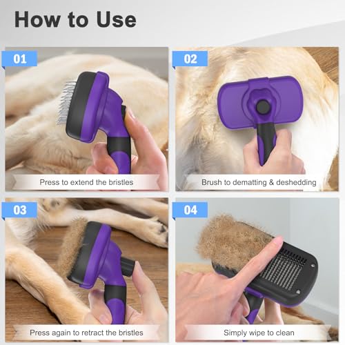 Dipoo Self Cleaning Cat & Dog Grooming Brush - Skin Friendly Deshedding Hair Brush for Haired Dogs & Puppies, Purple - color: Purple