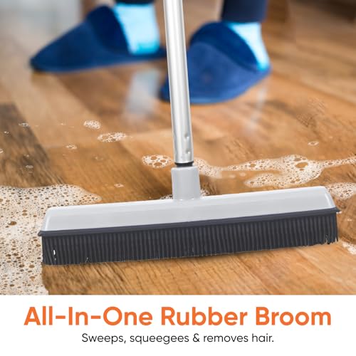 Rubber Bristle Broom for Floors Salon Broom, Rubber Squeegee Broom, Rug Broom, Rubber Rake for Human Hair, Pet Hair, Fur, Lint, Liquid, with 3-Part Handle, Grey - size: Broom - 48" Handle