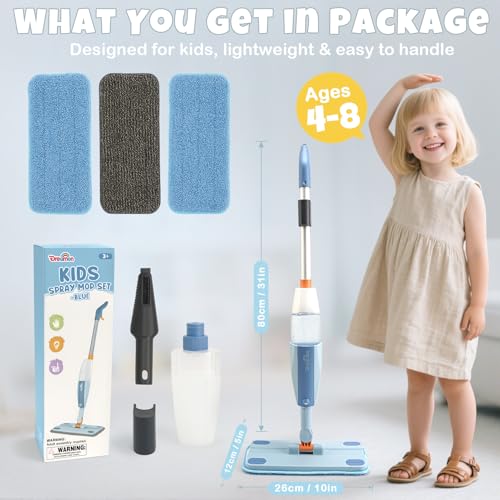 Dreamon Kids Spray Mop - Real Working Toddler Cleaning Set with Water Sprayer & 3 Washable Mop Pads & Scraper, Pretend Play Montessori Housekeeping Toys Gifts for Toddlers Kids Girls Boys(Blue) - color: Blue