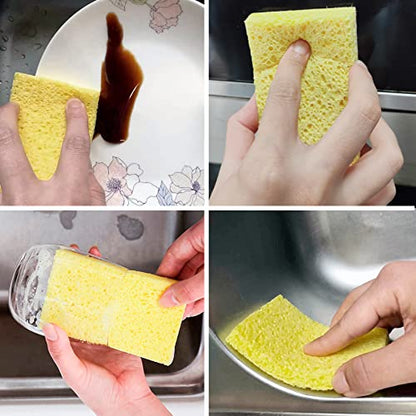 CELOX 12 Pack Cellulose Compressed Sponges, Natural Wood Pulp Thicker Dishwashing Sponge, Pop Up Soft Absorbent Sponges for Kitchen, Individually Wrapped for Easy Storage, Yellow, 4.3" x 2.8" x 0.8"